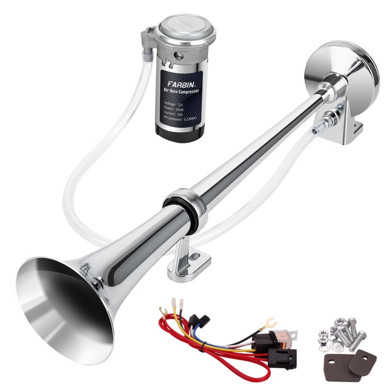 FARBIN مجموعة بوق هوائي FARBIN 12V 150db، بوق شاحنة أحادي بقطر 18 بوصة من الكروم والزنك، بوق قطار مع ضاغط لأي مركبة 12V - Image 1